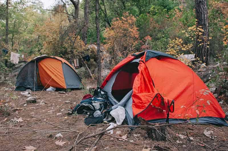 Two rugged tents set up in a clearing in a forest, one red and gray and the other orange and gray. The background is trees with fall colors and in the foreground rocks and vegetation.