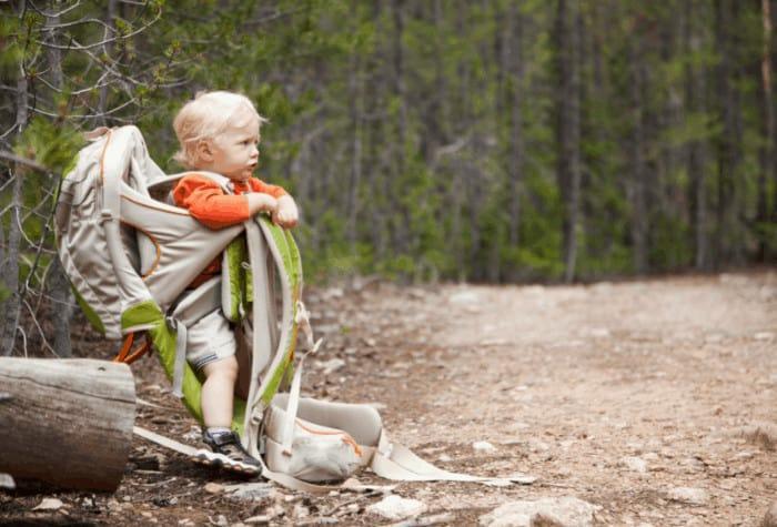 toddler in hiking backpack