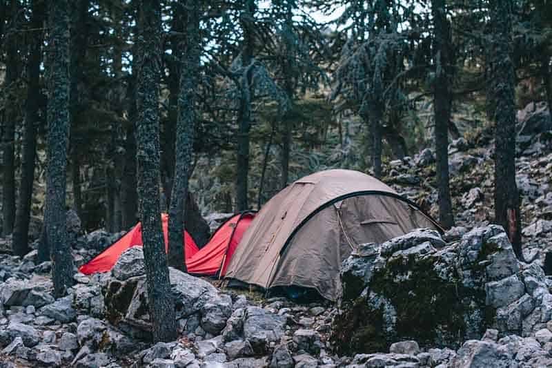 Three tents, one brown and two red, set up in a forest amongst a lot of rocks. The light is filtering through the trees.