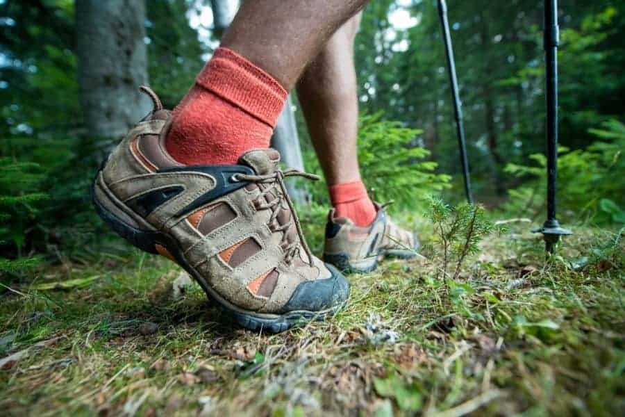 Hiking shoes and trekking pole